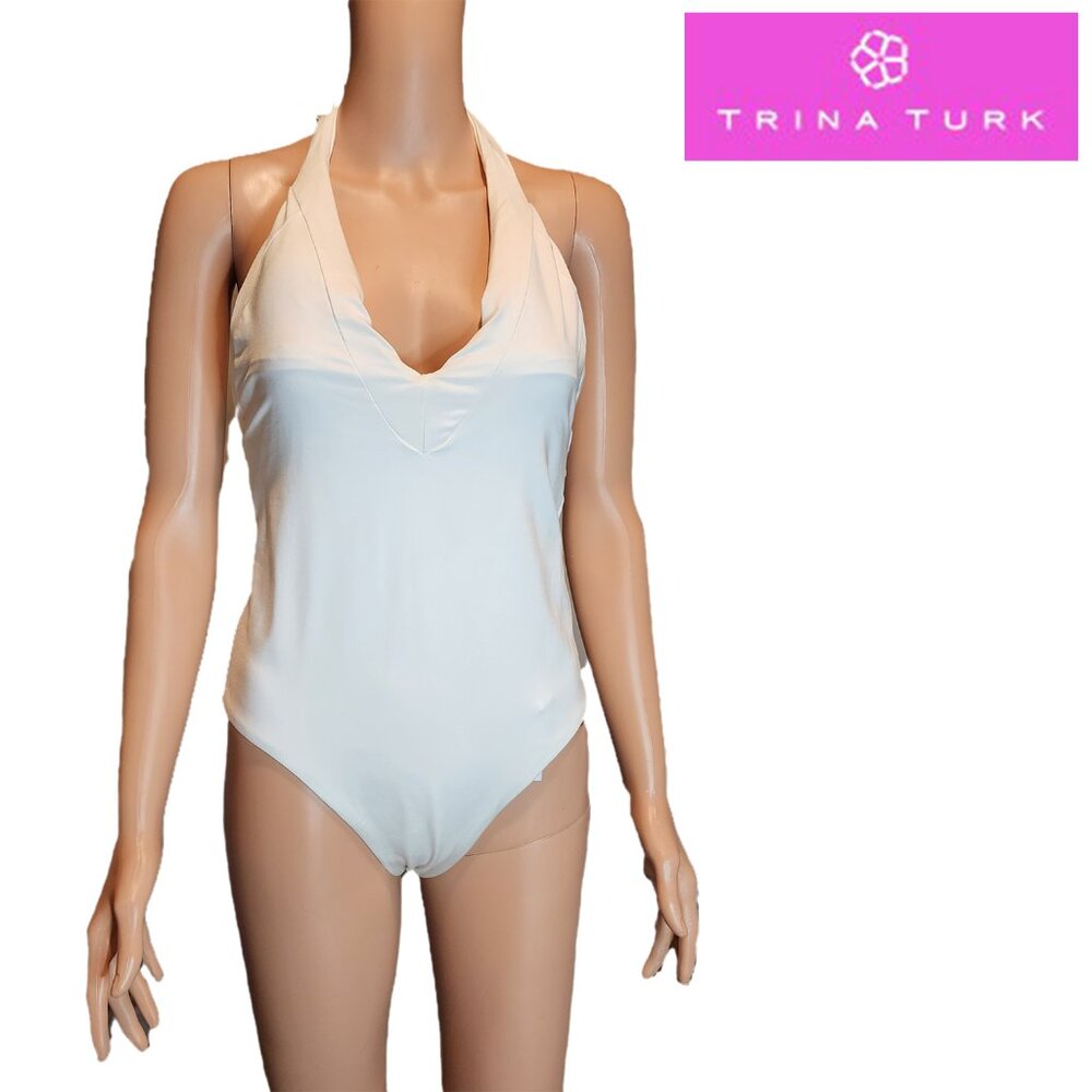 Trina Turk Cream Halter V-Neck One-Piece Swimsuit